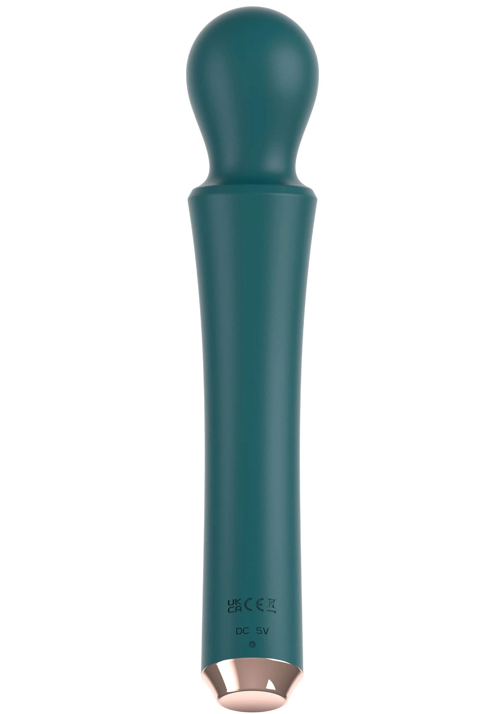 Turquoise gebogen handvibrator met ronde top en metalen onderkant