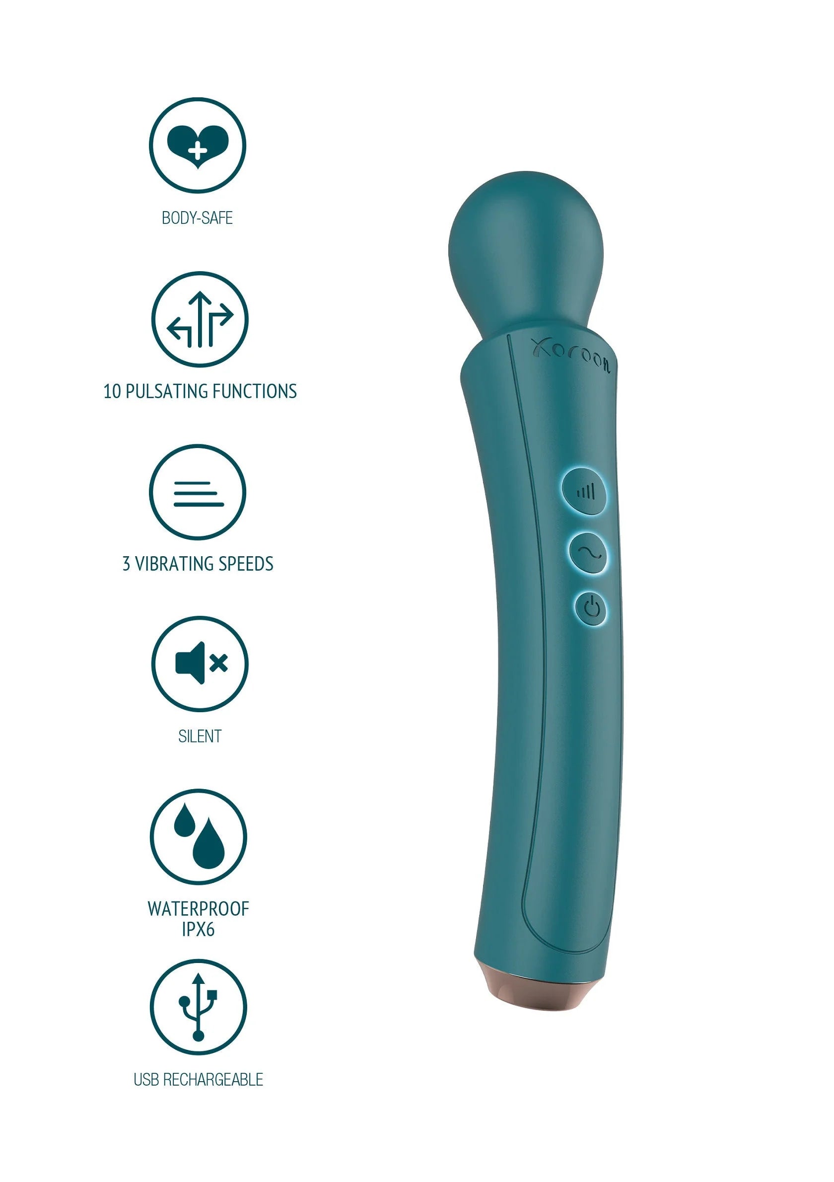 Turquoise gebogen handvibrator met knoppen en waterdichte opzet
