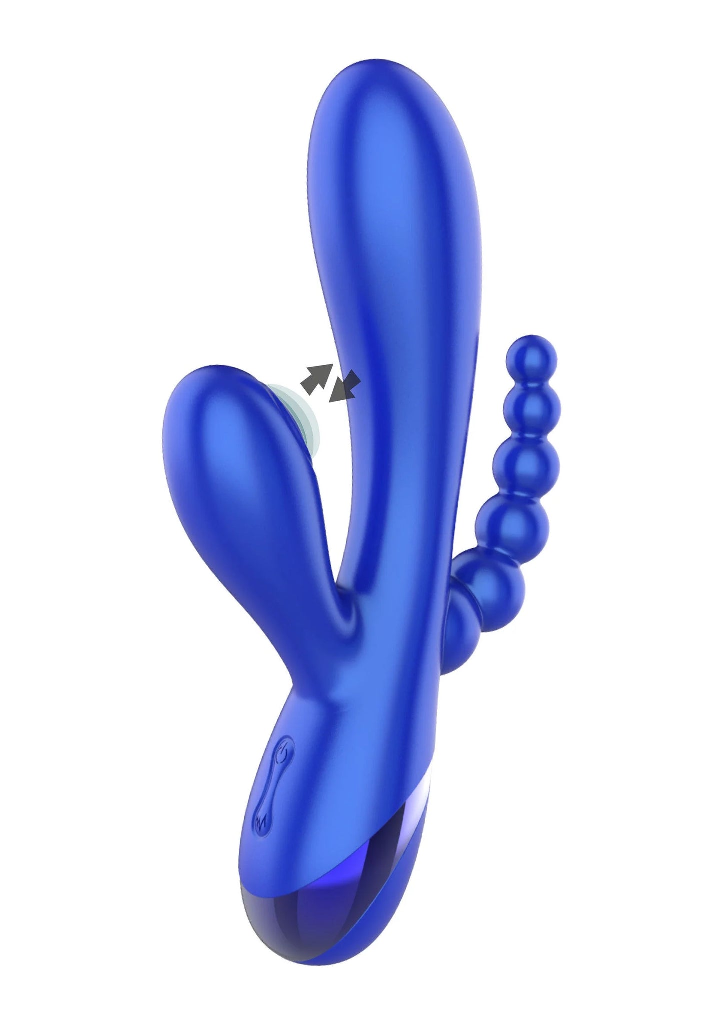Xocoon triple vibrator, blauw met drie armen en bolletjes bij één uiteinde.