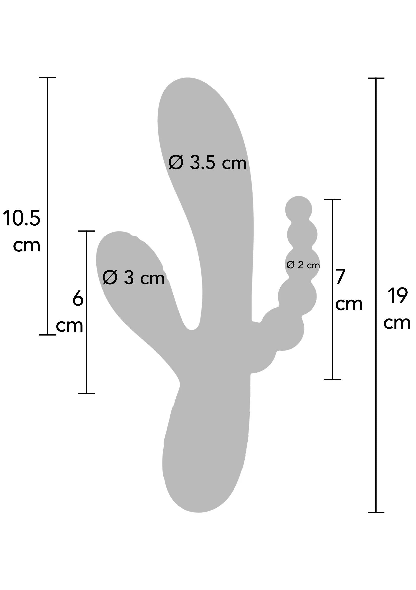 Xocoon triple vibrator met afmetingen: 10,5 cm hoog, Ø 3 cm en Ø 2 cm.