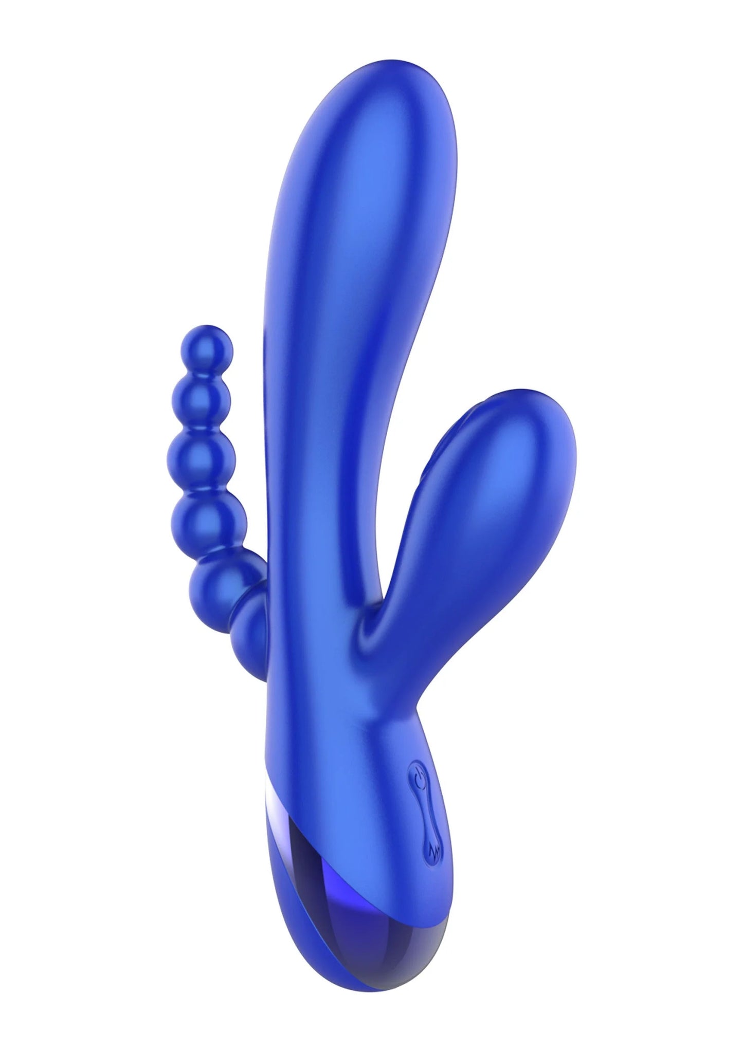 Xocoon triple vibrator, blauw, met gebogen armen en ketting van ronde bolletjes.