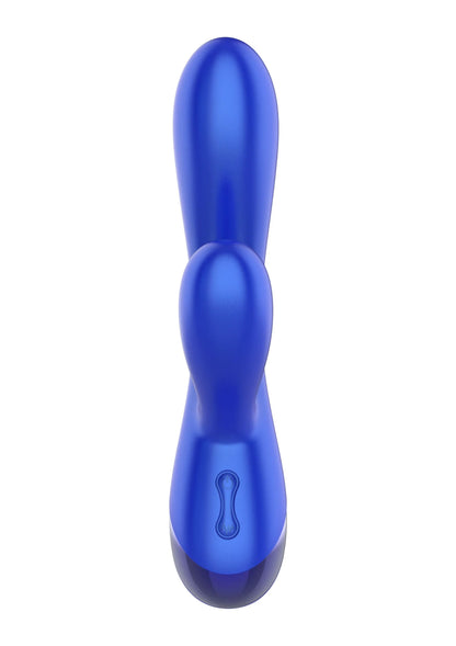 Xocoon triple vibrator, blauw, met twee rondingen en klein bedieningsvlak.