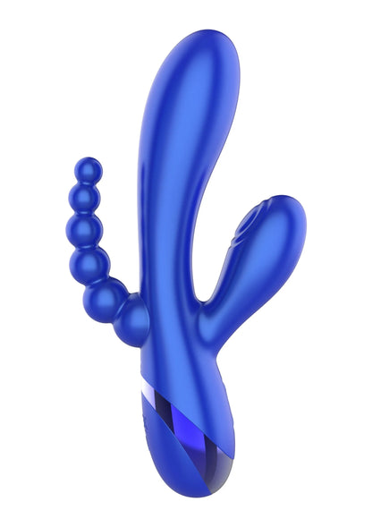 Xocoon triple vibrator, blauw, zijaanzicht met bolletjesketting en gebogen armen.