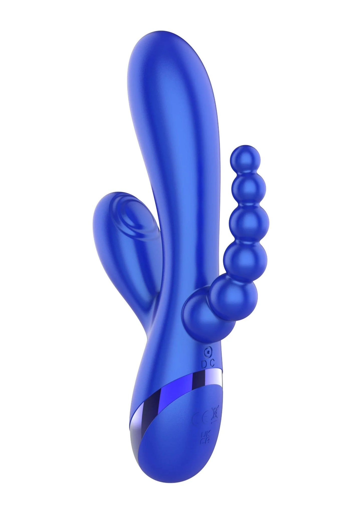 Xocoon triple vibrator, blauw, schuin beeld met bolletjes aan de zijkant.