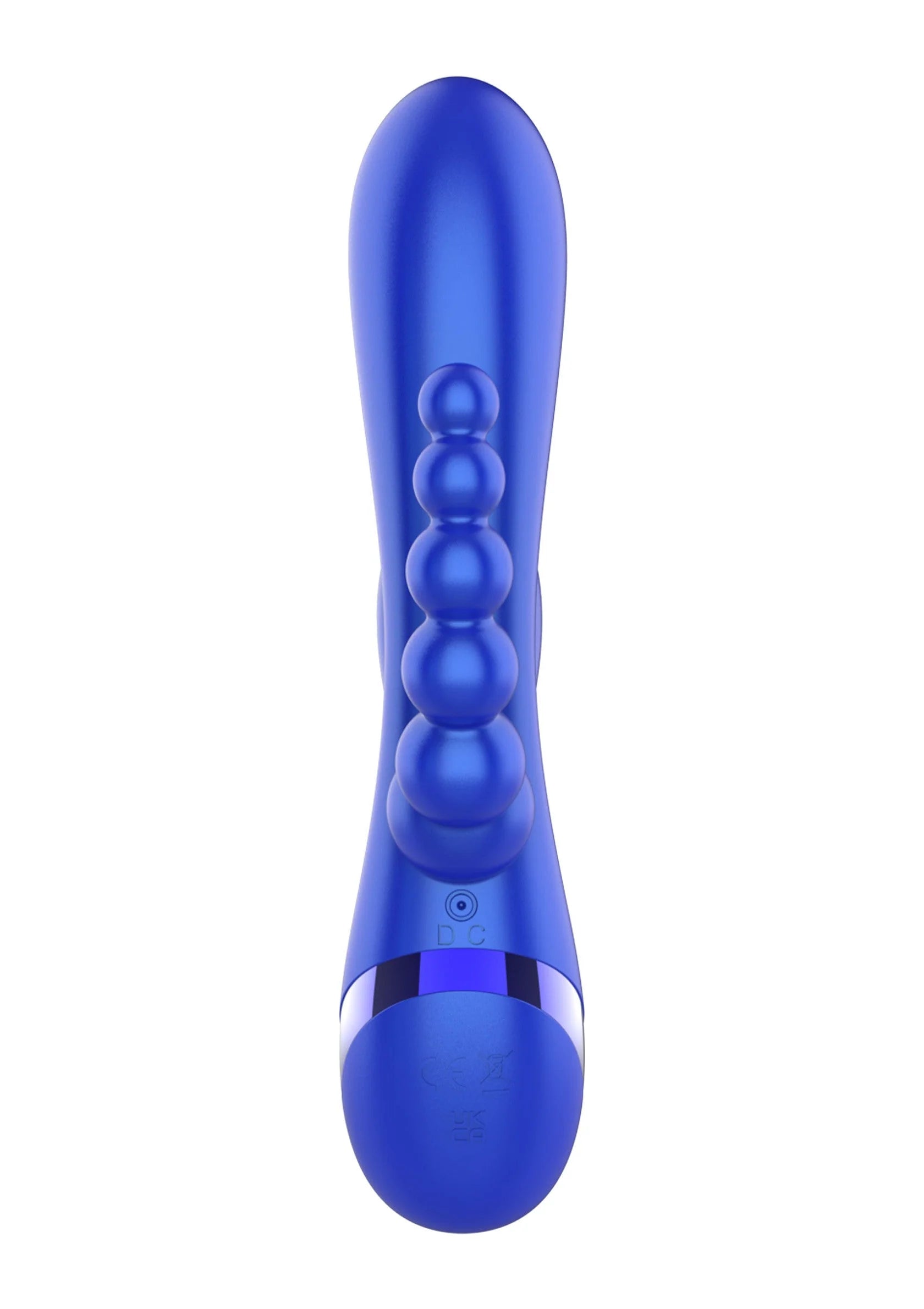 Xocoon triple vibrator, blauw achteraanzicht met bolletjesrij en onderbediening.