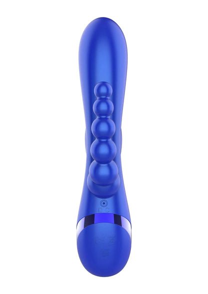 Xocoon triple vibrator, blauw achteraanzicht met bolletjesrij en onderbediening.