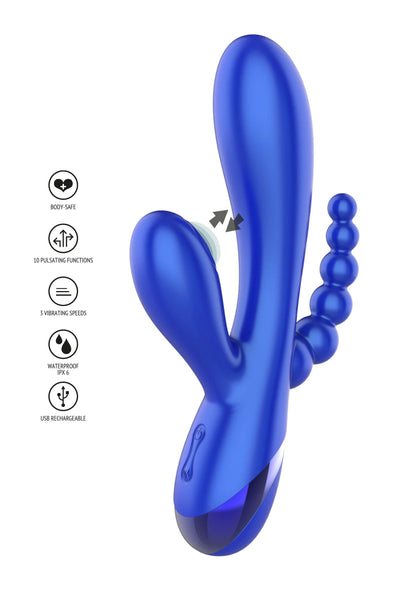 Xocoon triple vibrator met functietekst/icoontjes zoals waterproof en USB-oplaadbaar.