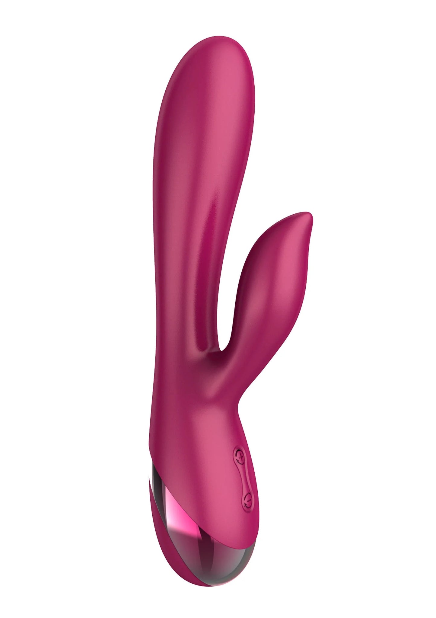 Roze vibrator met twee uiteinden, glanzende behuizing en bedieningsknop