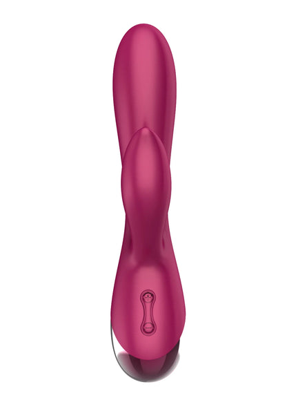 Roze vibrator met knoppaneel op de onderkant en glanzende afwerking