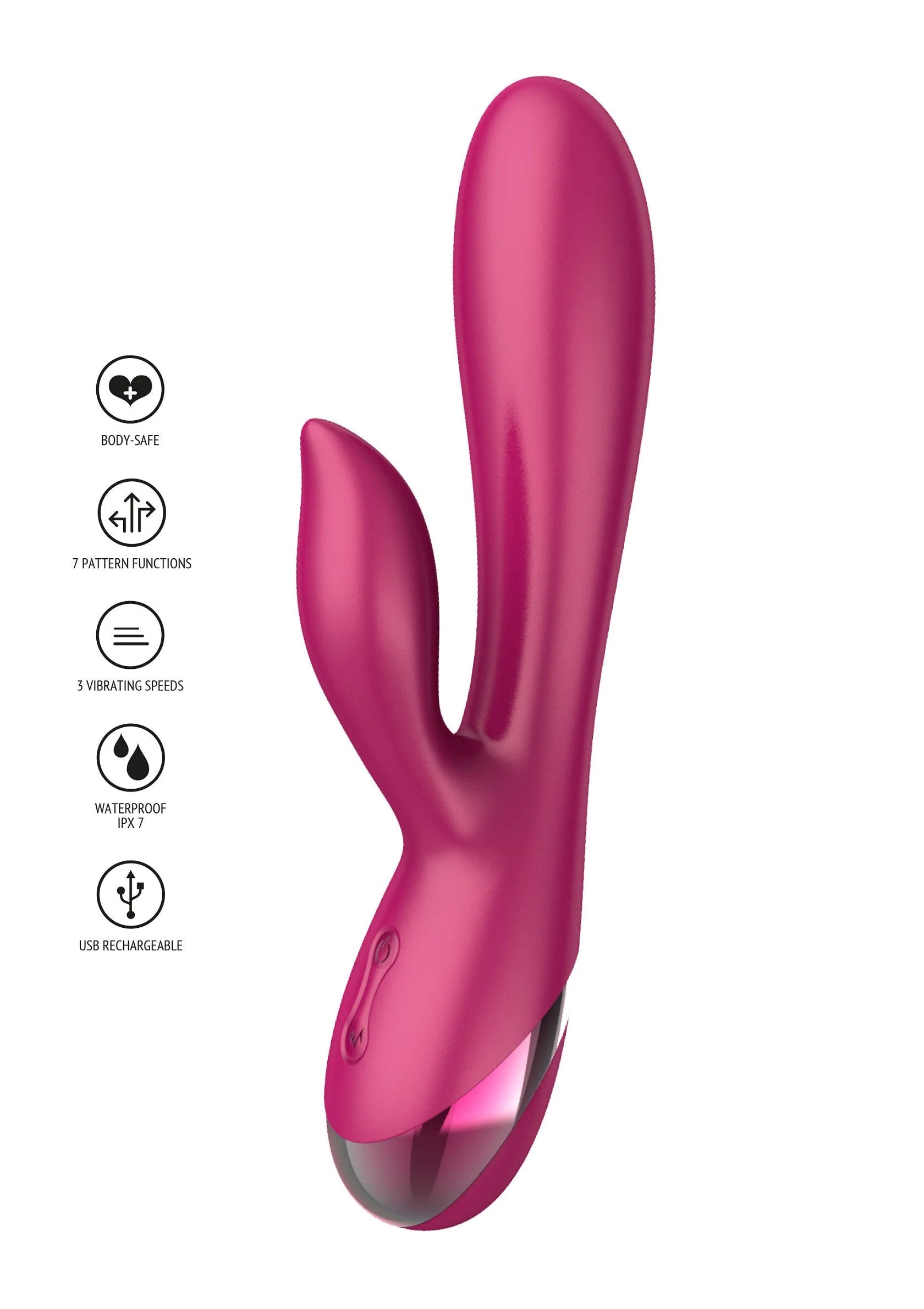 Roze Xocoon vibrator met kenmerkpictogrammen: waterdicht, oplaadbaar en functies