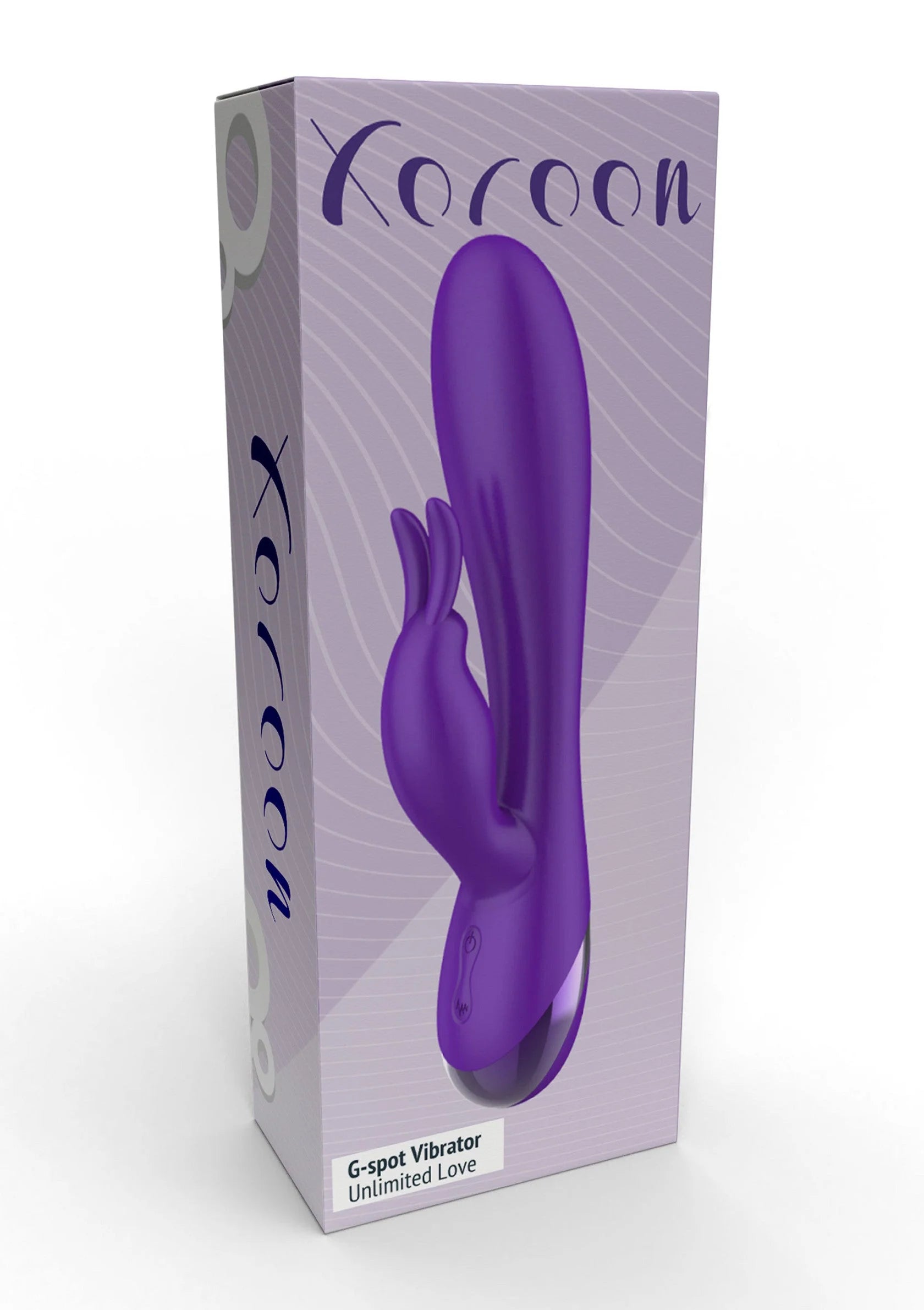 Verpakking van paarse G-spot vibrator met Xocoon-merk en paarse afbeelding van de toy