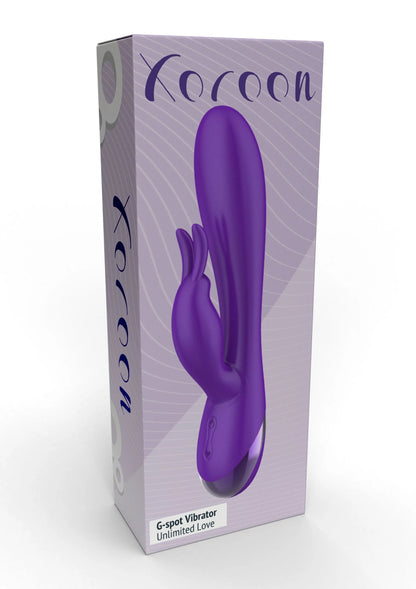 Verpakking van paarse G-spot vibrator met Xocoon-merk en paarse afbeelding van de toy