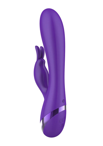 Paarse vibrerende G-spot toy met gebogen punt en dunne band/contrastdetail bij de onderkant