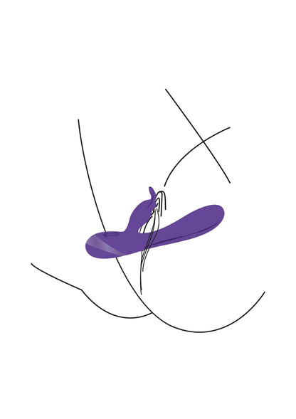 Silhouetillustratie van paarse G-spot vibrator met trillingssymbolen