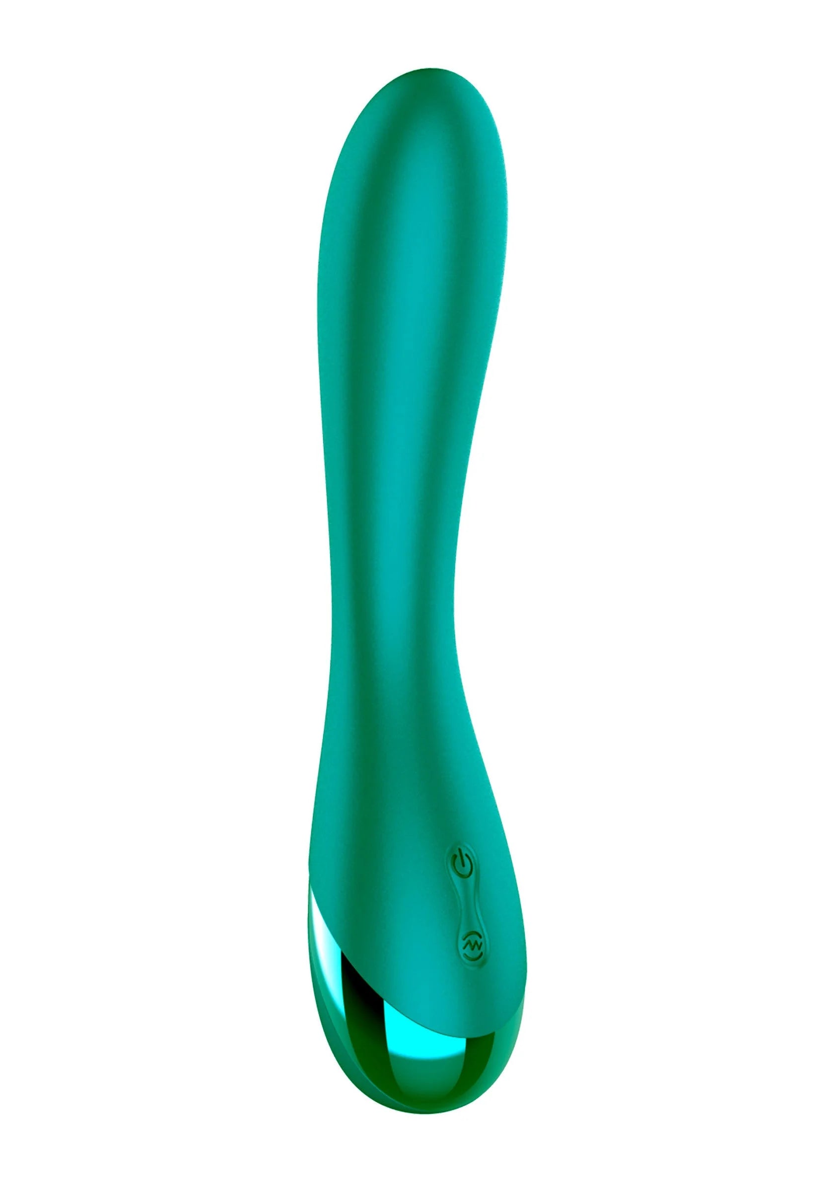 Groene G-spot vibrator met ronde punt en gebogen steel, zijkant met bedieningsknop