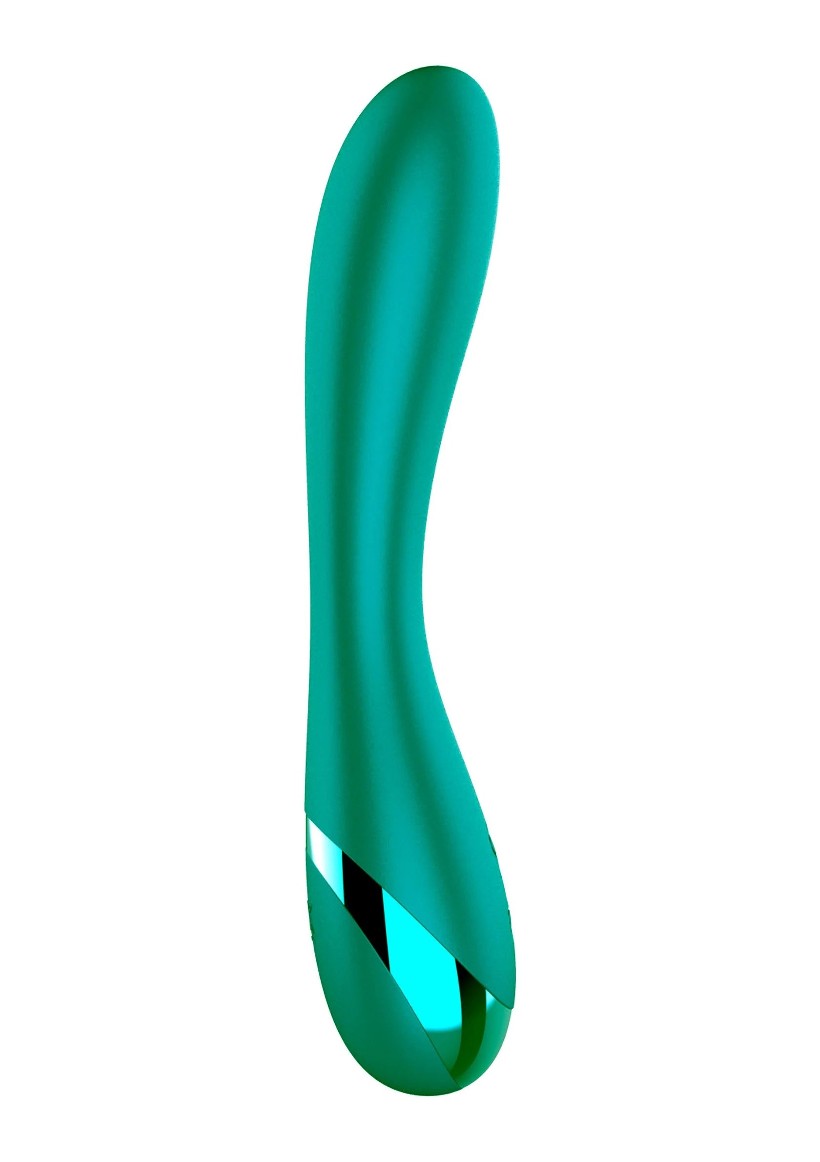Groene G-spot vibrator met gebogen steel en ovale opening, achterkant in close-up
