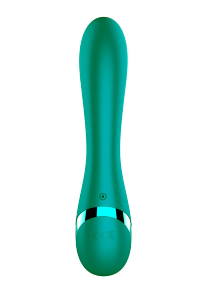 Groene G-spot vibrator met brede basis en smalle top, onderkant in beeld