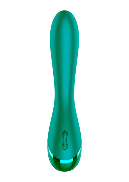 Groene G-spot vibrator met gebogen vorm en logo, vooraanzicht