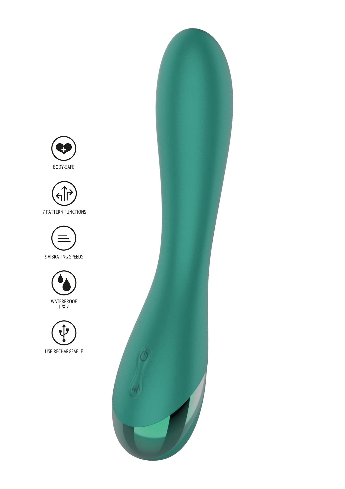 Groene G-spot vibrator met pictogrammen, gebogen vorm en oplaadbare functie