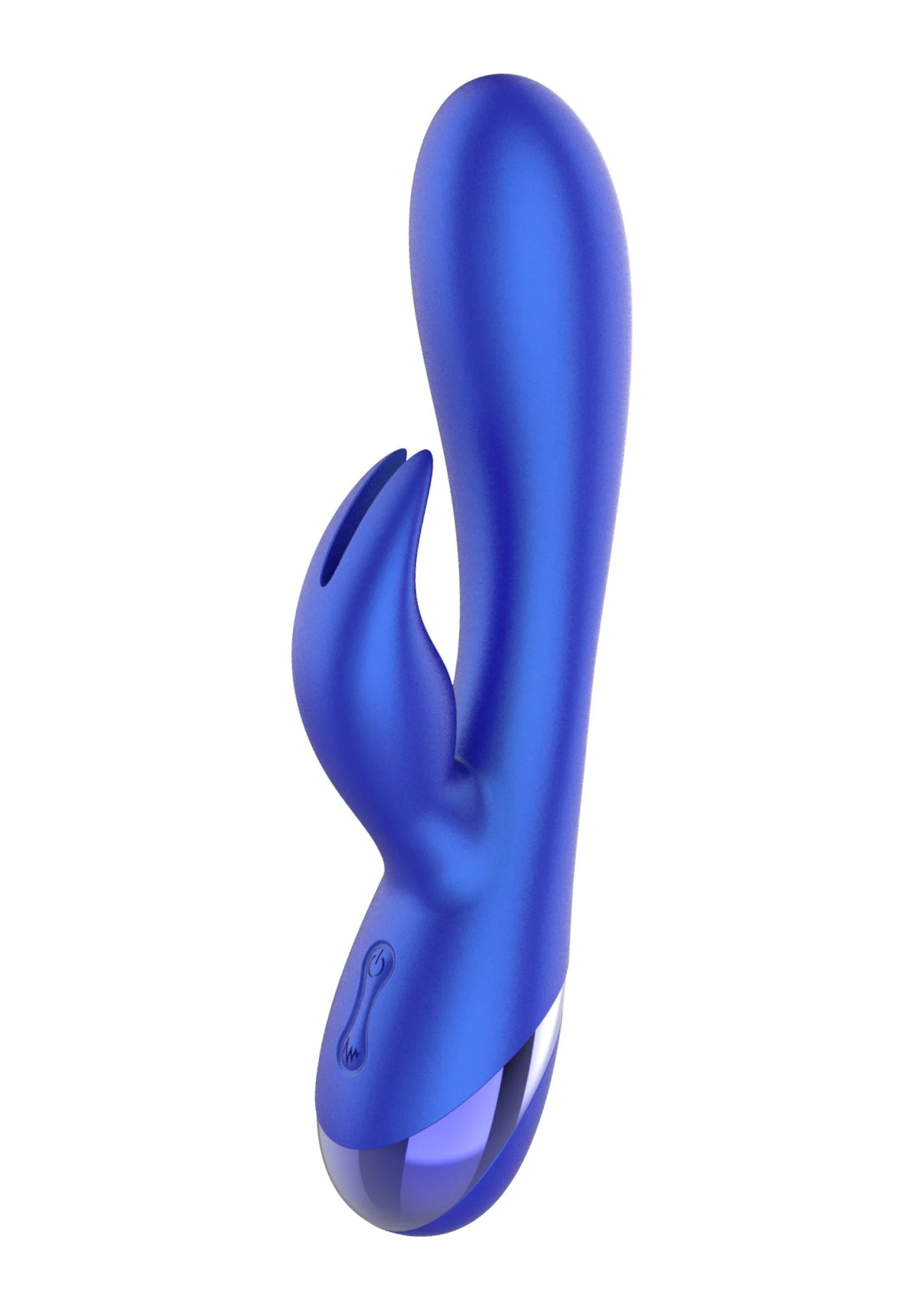 Blauwe rabbit-vibrator met dubbele stimulatiekop, gebogen ontwerp
