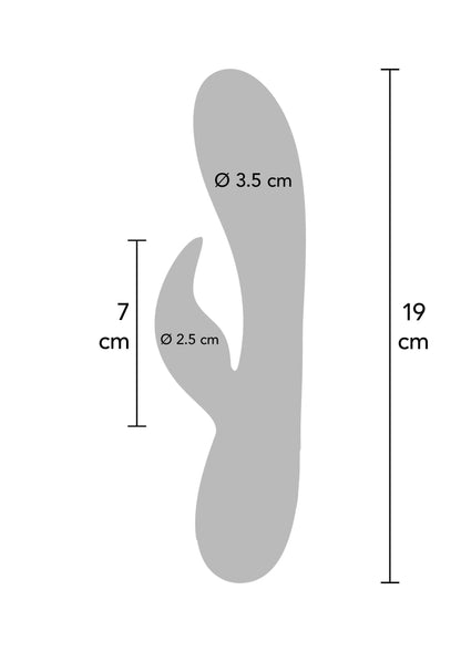 Blauwe rabbit-vibrator met afmetingen: 19 cm lang, 7 cm breed