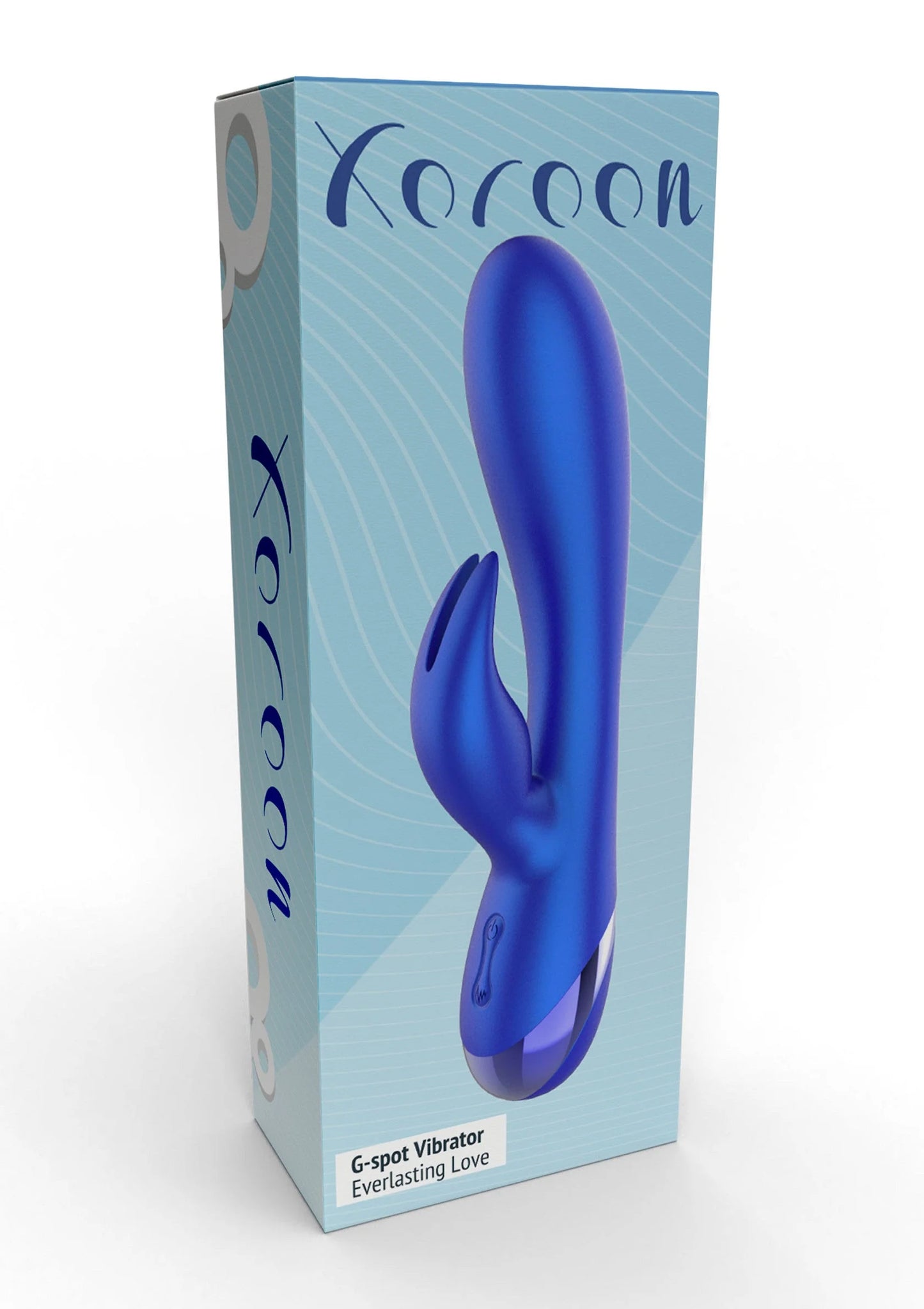 Blauwe Xocoon doosverpakking met rabbit-vibrator en G-spot Love tekst