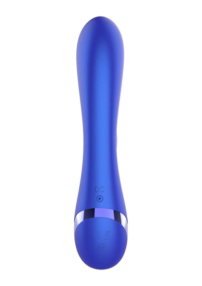 Blauwe rabbit-vibrator met afgeronde kop en basis met kleine knoppen
