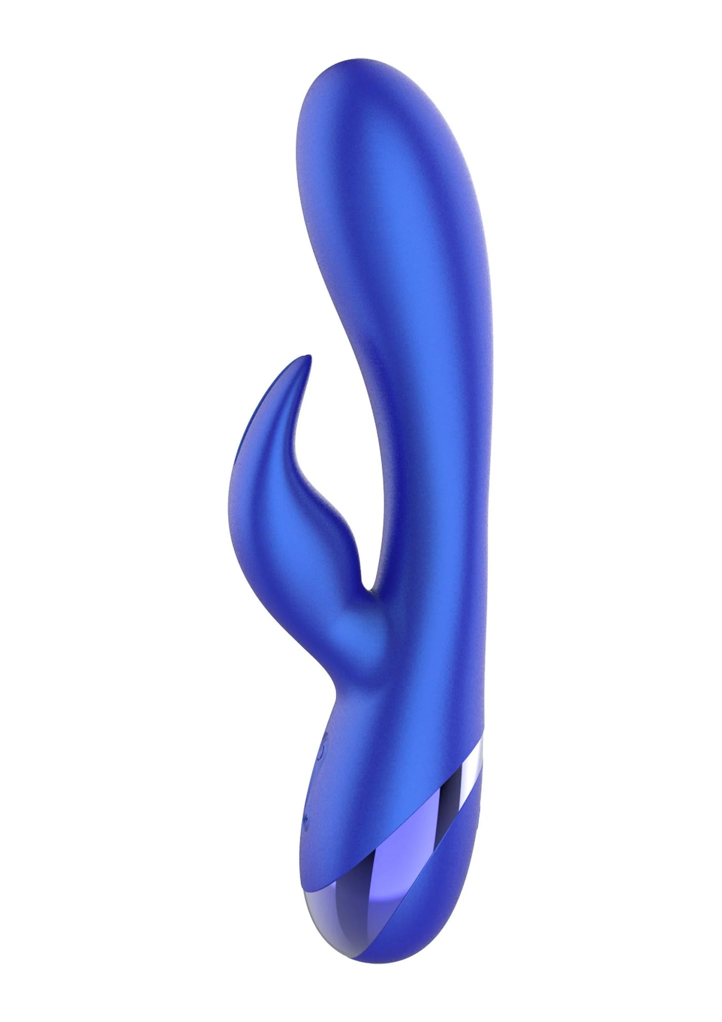 Blauwe rabbit-vibrator zijaanzicht met gebogen hoofdkop en staartvorm