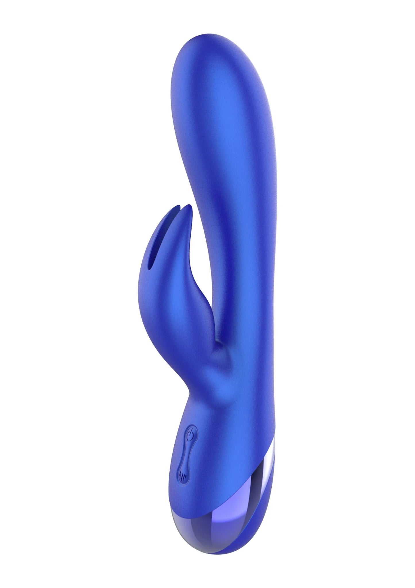 Blauwe rabbit-vibrator achteraanzicht met gebogen vorm en knopdetails