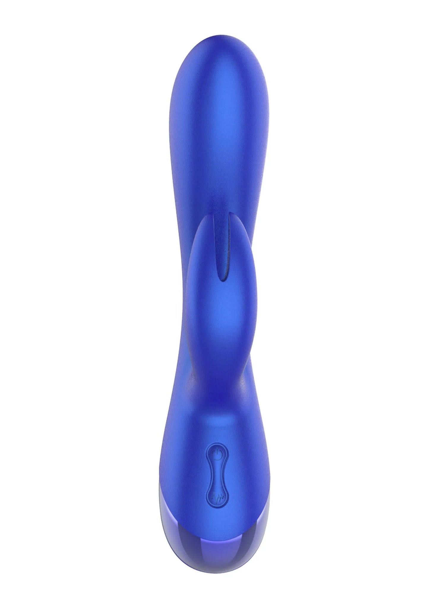 Blauwe rabbit-vibrator met bovenlichaam en basis met kleine bedieningsknop