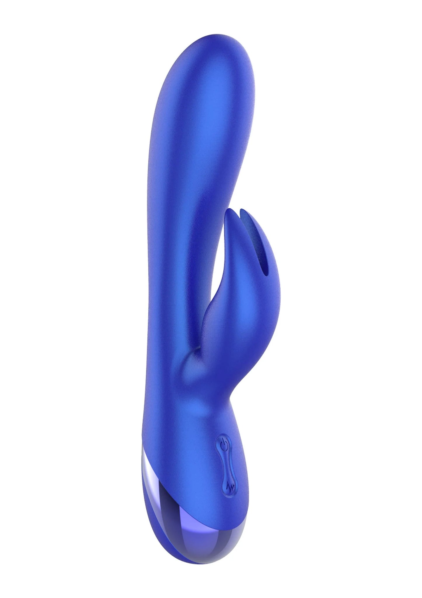 Blauwe rabbit-vibrator schuin zijaanzicht met twee stimulatie-armen