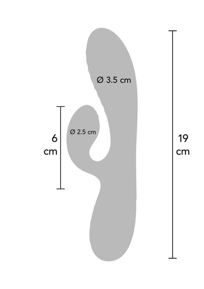 Konijnvibrator-afmetingen: 19 cm hoog, 6 cm breed, kop Ø2,5–3,5 cm