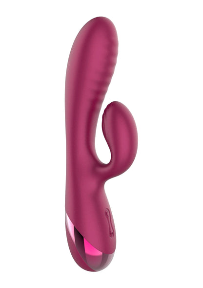 Magenta konijnvibrator met zijaanzicht en ronde open luskop