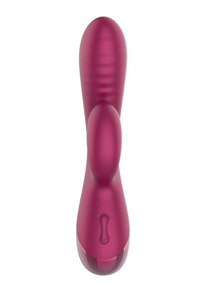 Magenta konijnvibrator van voren met afgeronde top en kleine knopaccenten