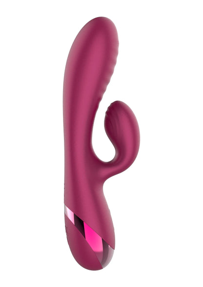 Magenta konijnvibrator met open luskop in zijaanzicht