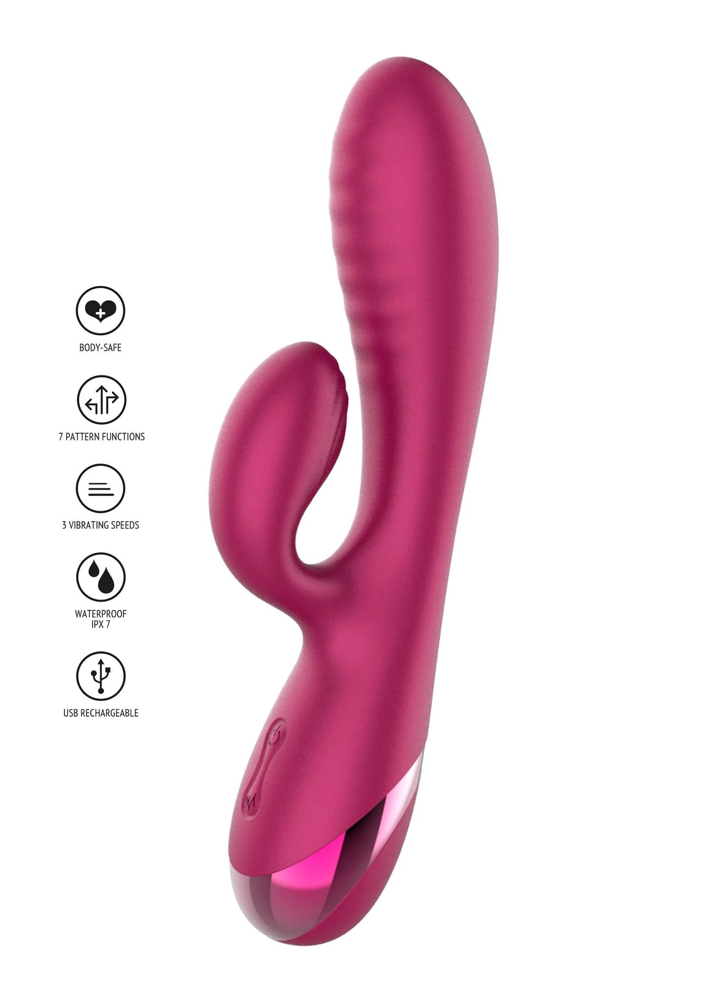 Magenta konijnvibrator met pictogrammen: waterdicht en oplaadbaar