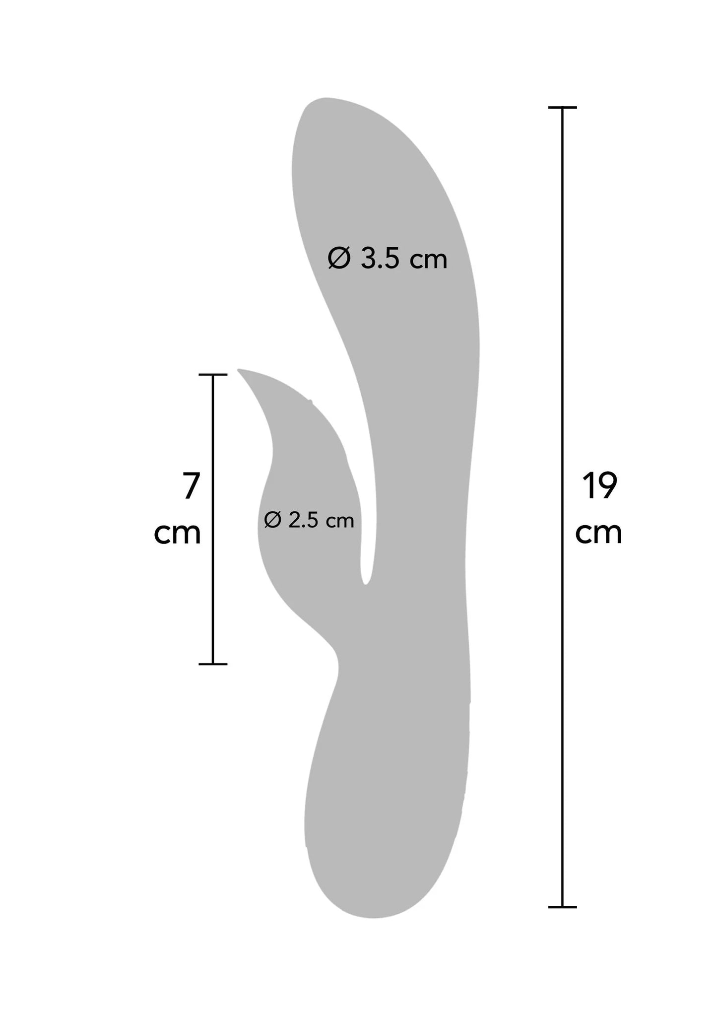 Afmetingen van paarse konijnvibrator: 19 cm lang, kop ø 2,5 en 3,5 cm