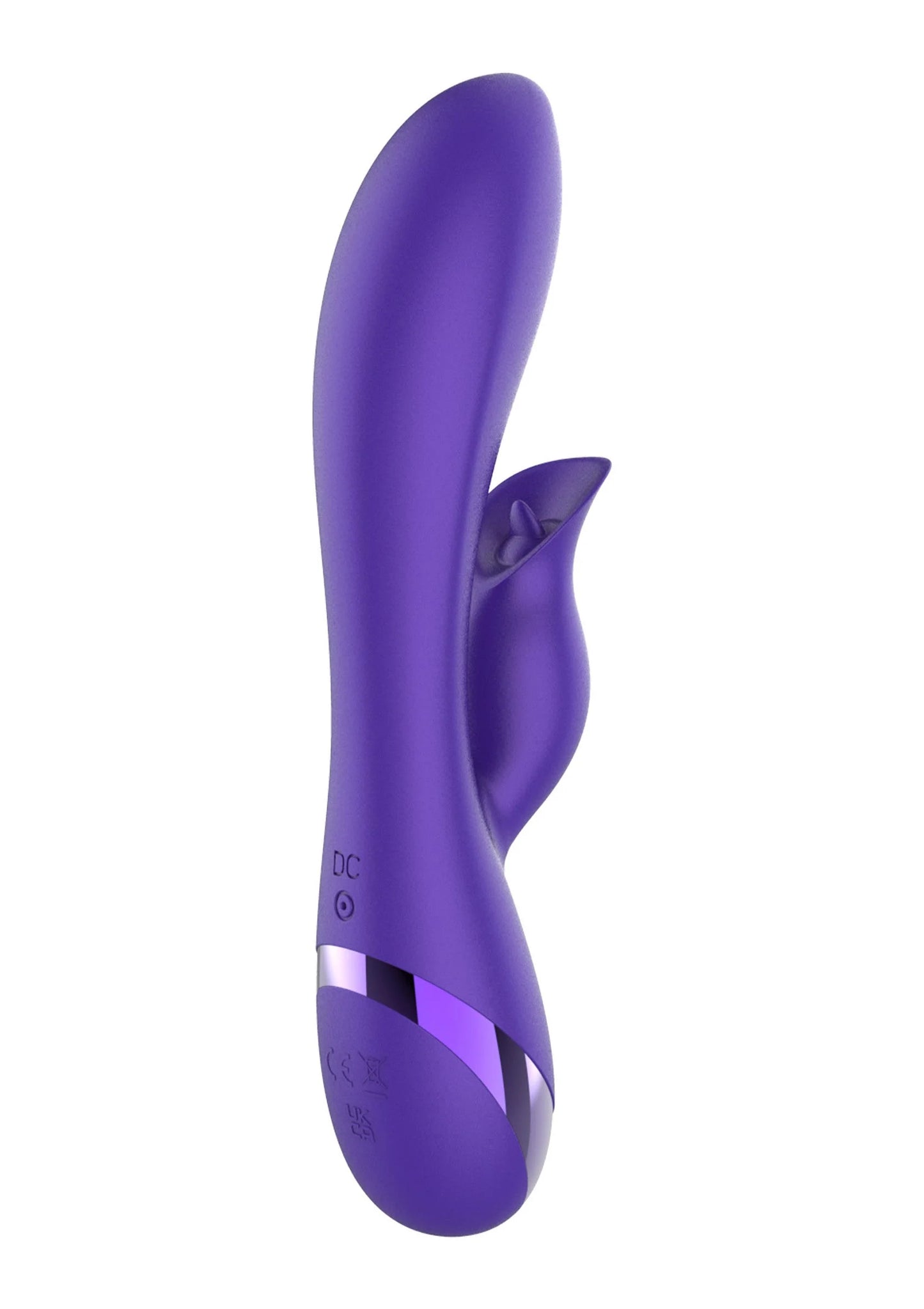 Paarse konijnvibrator met ronde basis en knopdetails aan zijkant