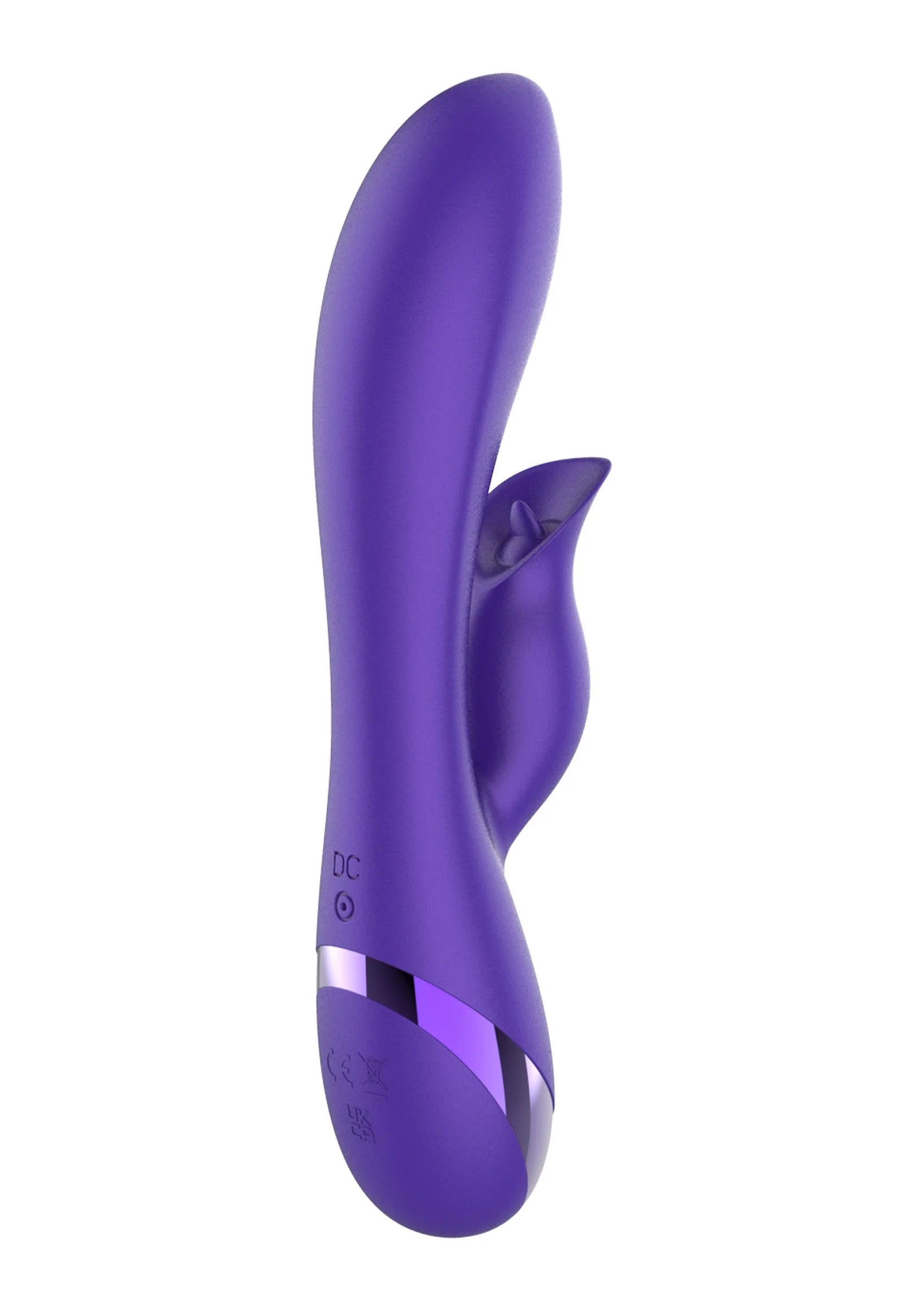 Paarse konijnvibrator met ronde basis en knopdetails aan zijkant