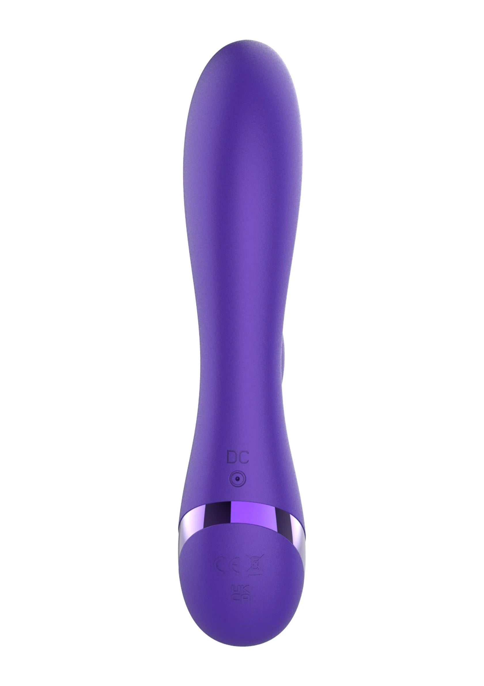 Paarse staafvormige vibrator met ronde kop en kleine knop op de basis