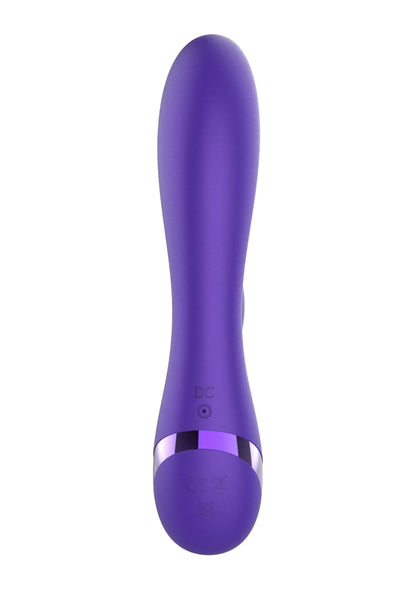 Paarse staafvormige vibrator met ronde kop en kleine knop op de basis