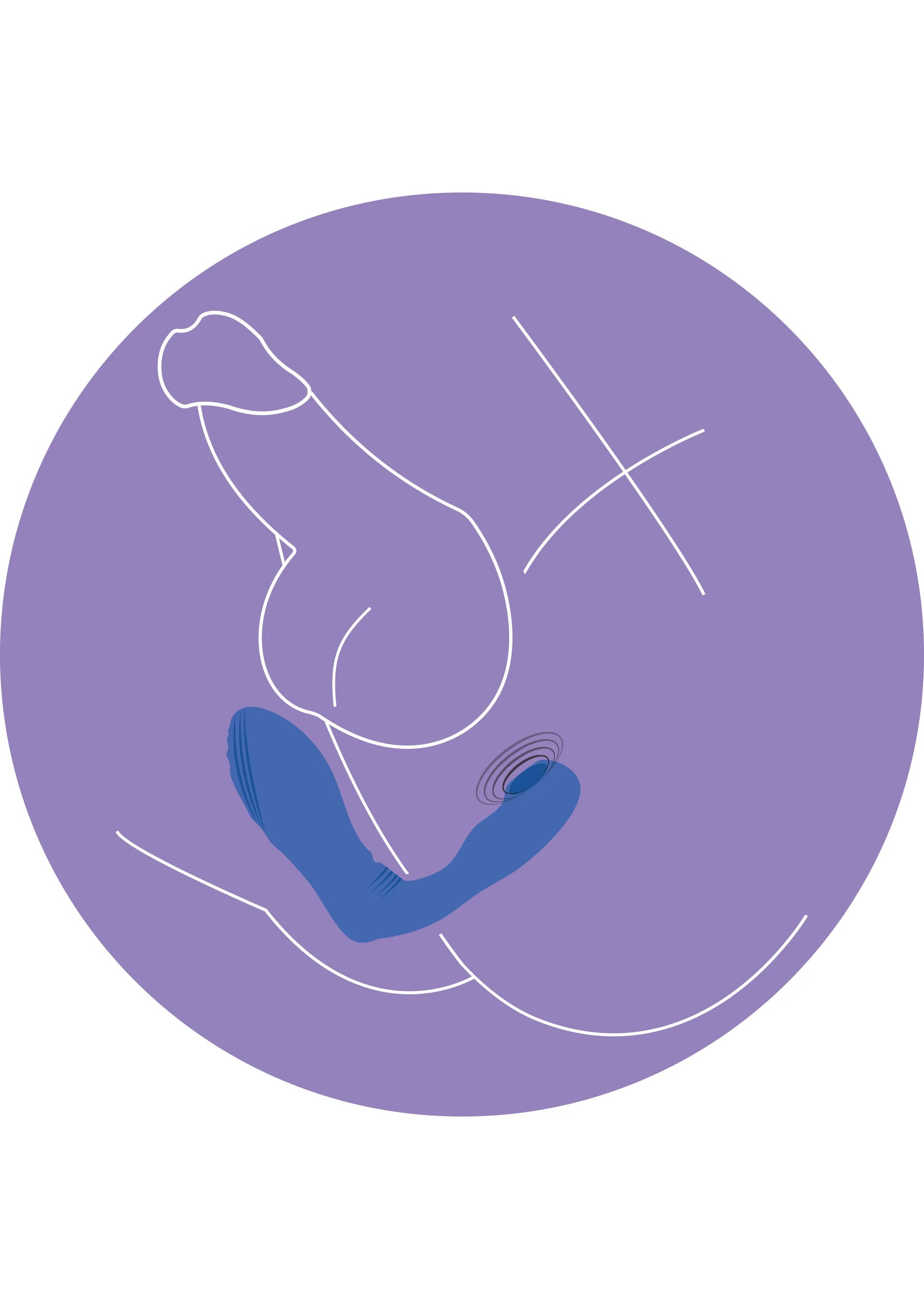 Blauwe gebogen stimulator met twee ronde openingen onderaan en witte contourlijnen