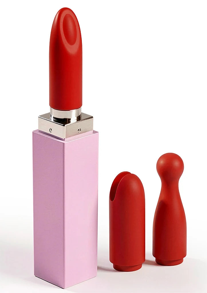 Lipstick-vibrator van Xocoon met rood opzetstuk en twee rode kappen naast elkaar