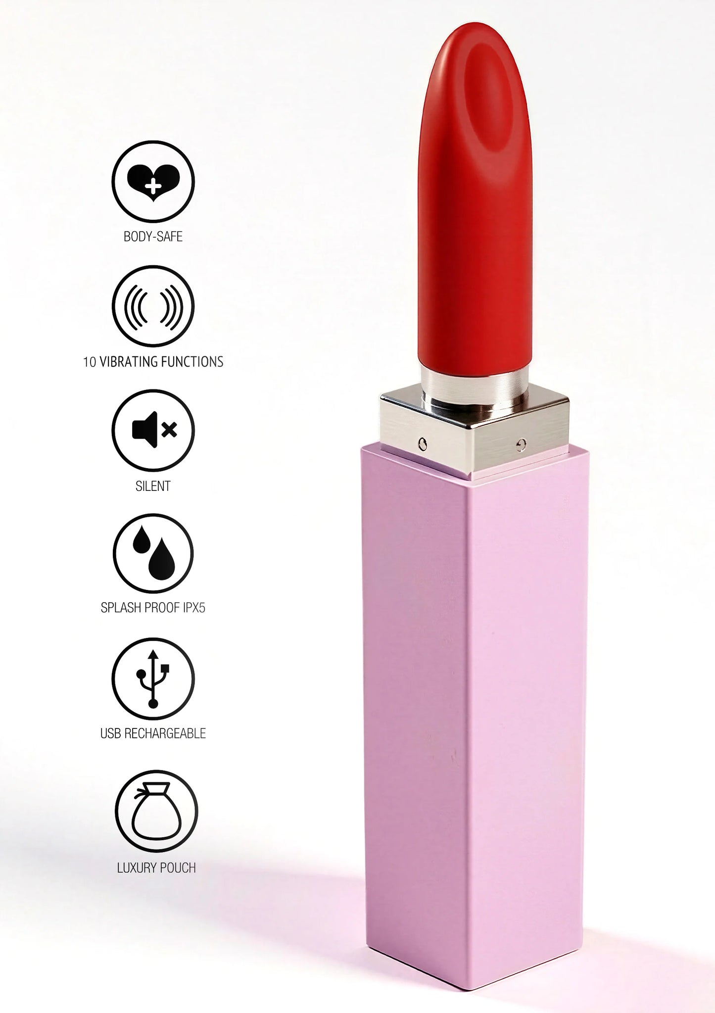 Lipstick-vibrator van Xocoon met rood opzetstuk en functiesymbolen op achtergrondzijde