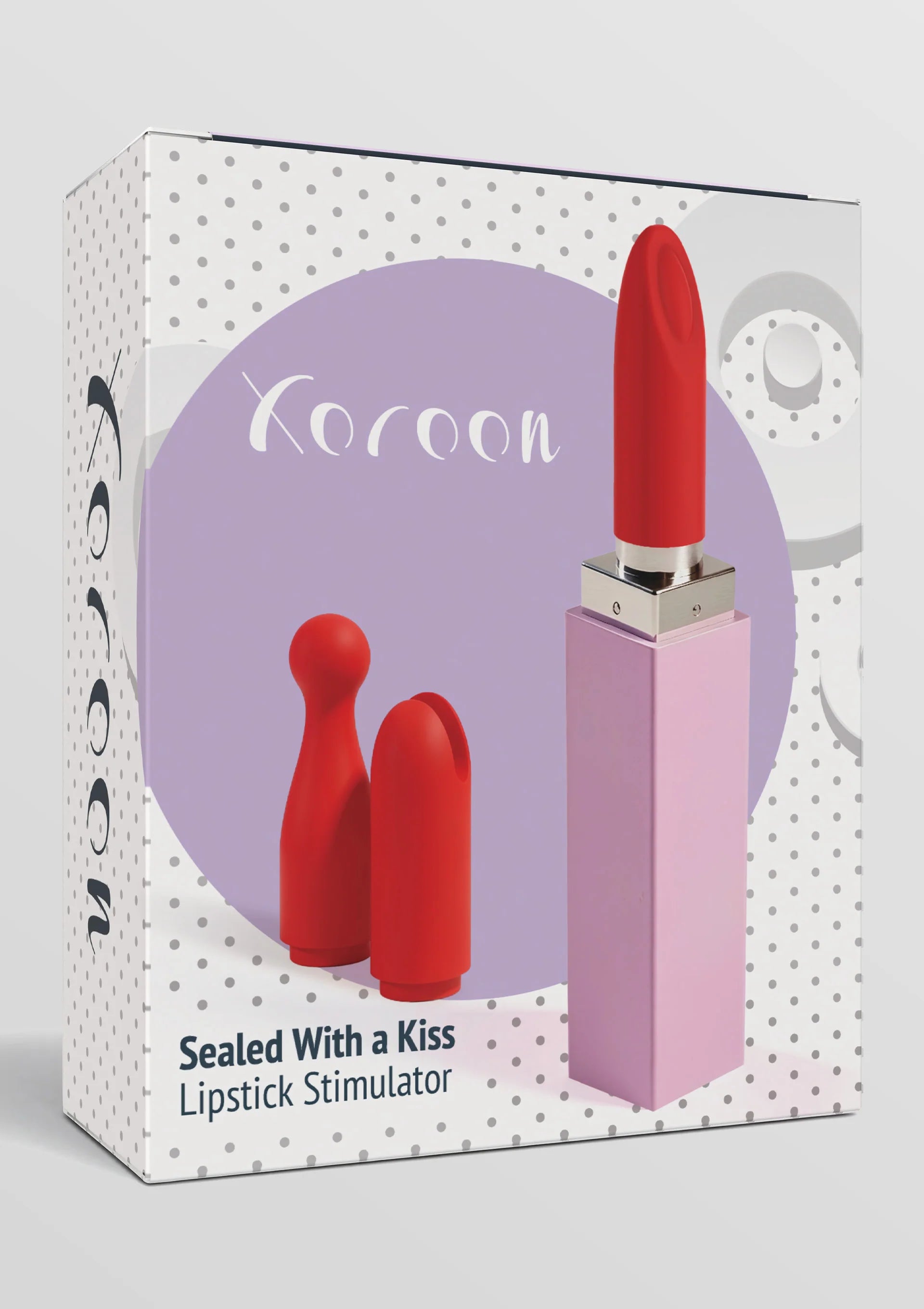 Doos van Xocoon: lipstick-stimulator met rood opzetstuk en twee rode opzetstukken