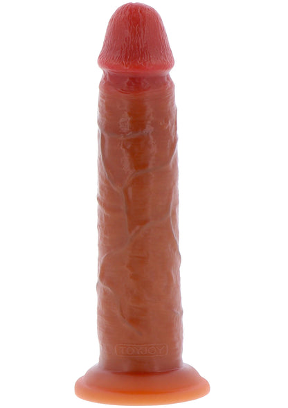 Rode siliconen foreskin-dong met realistische huidtextuur en zuignapvoet, 22 cm.