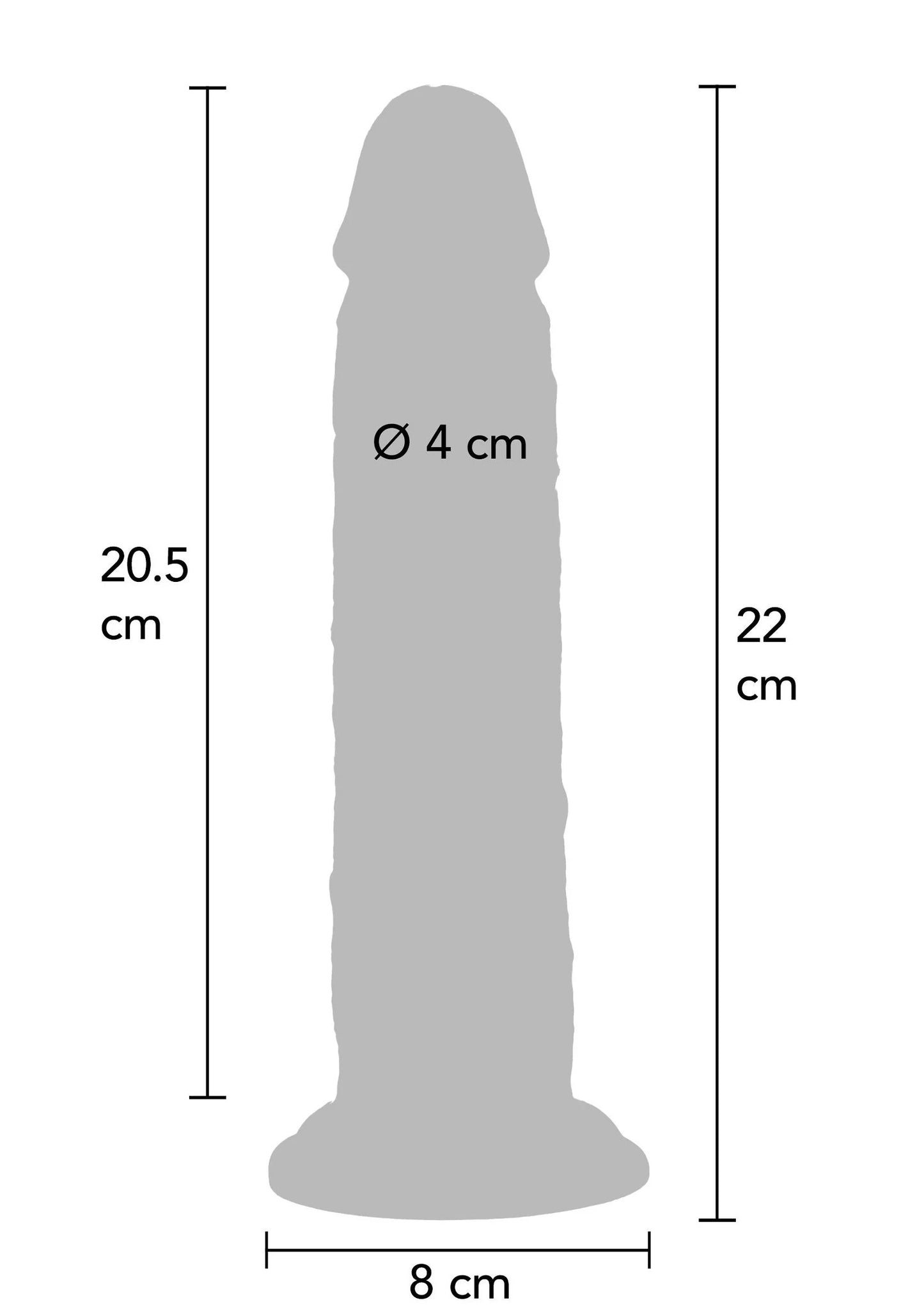 Afmetingen van rode siliconen foreskin-dong: 22 cm, Ø 4 cm.