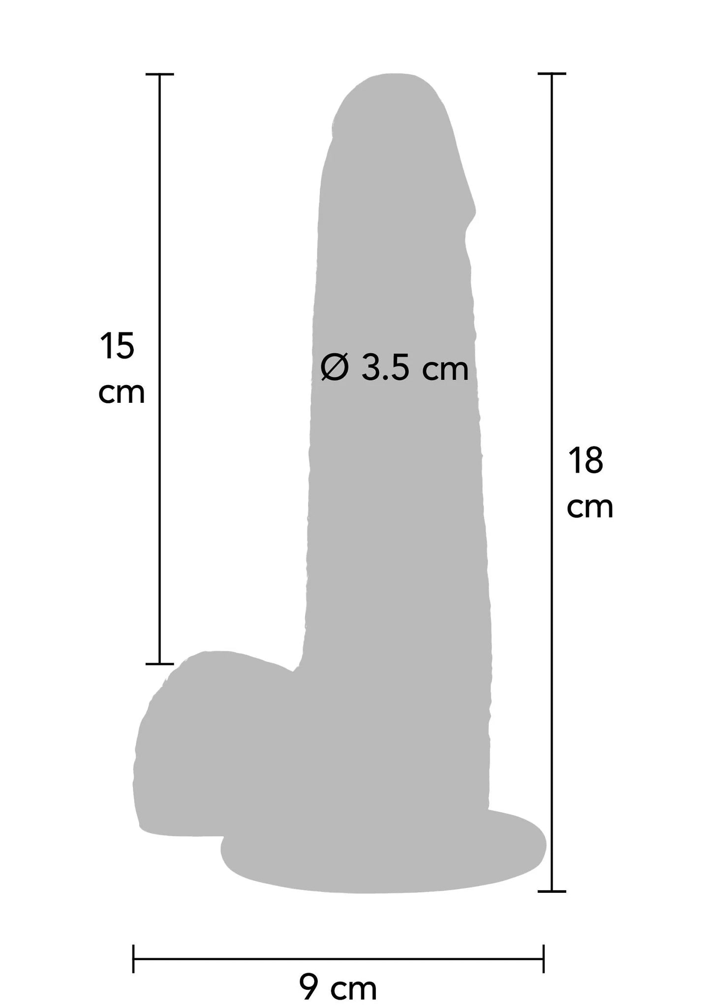 Siliconen dildo-afmeting: 18 cm hoog, Ø 3,5 cm en 9 cm breed