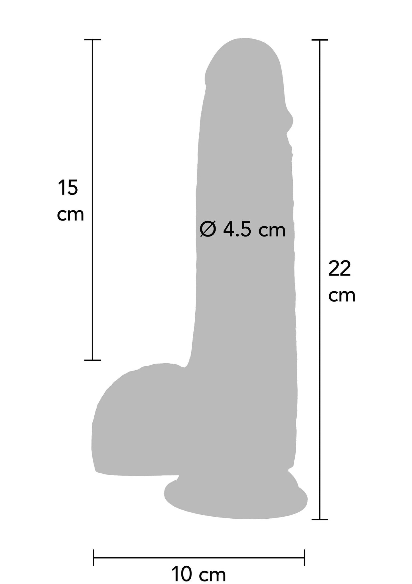 Afmetingen van caramelbruine dildo: 22 cm hoog, 10 cm breed, Ø 4,5 cm