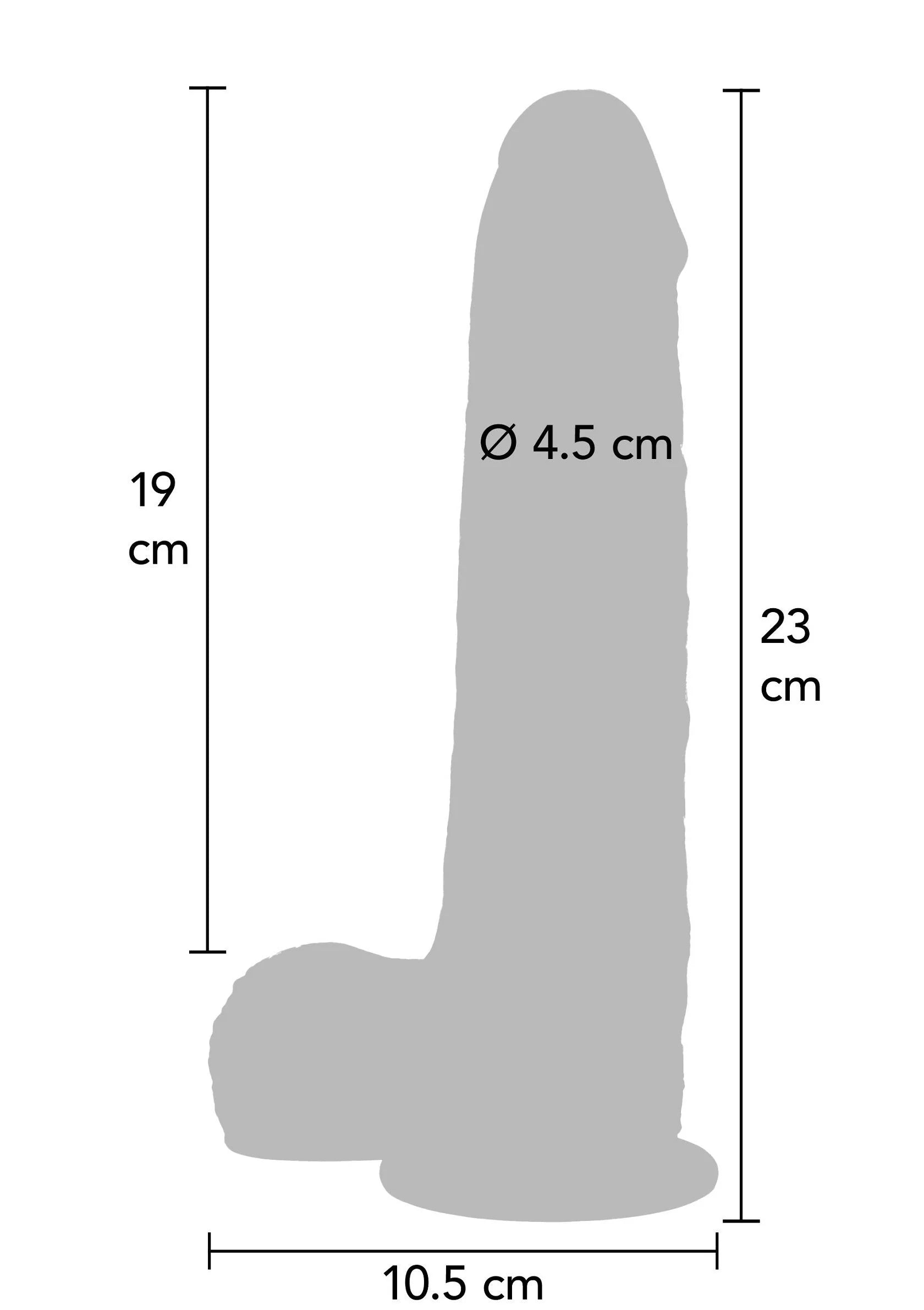 Afmetingenschets: siliconen dildo 23 cm, Ø 4,5 cm en voetbreedte 10,5 cm